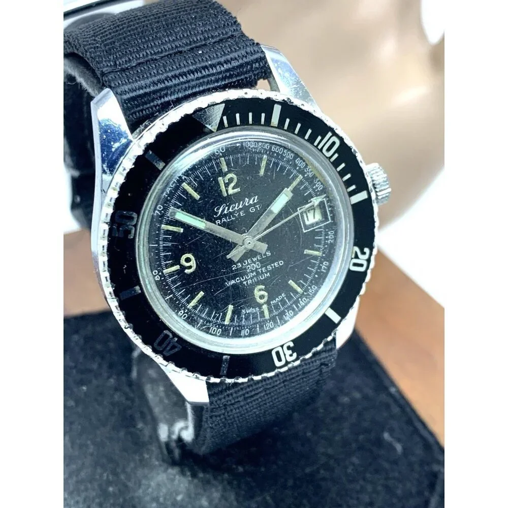 Sicura Rallye GT Men's Watch Vintage Swiss Manual Wind Black Dial 38mm Nylon